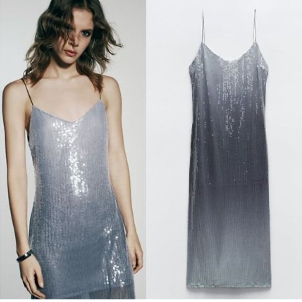 Zara NWT sequin midi dress silver - Picture 3 of 11